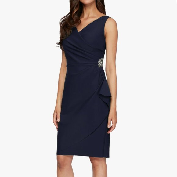 Alex Evenings Women's Slimming Side Ruched Midi Dress W/Cascade, Navy - Size 12 - Picture 1 of 6